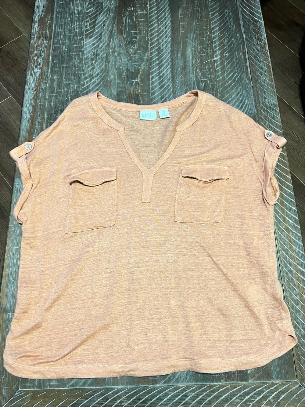 Nicole Miller Apricot Short-Sleeve V-Neck Linen Pocket Top